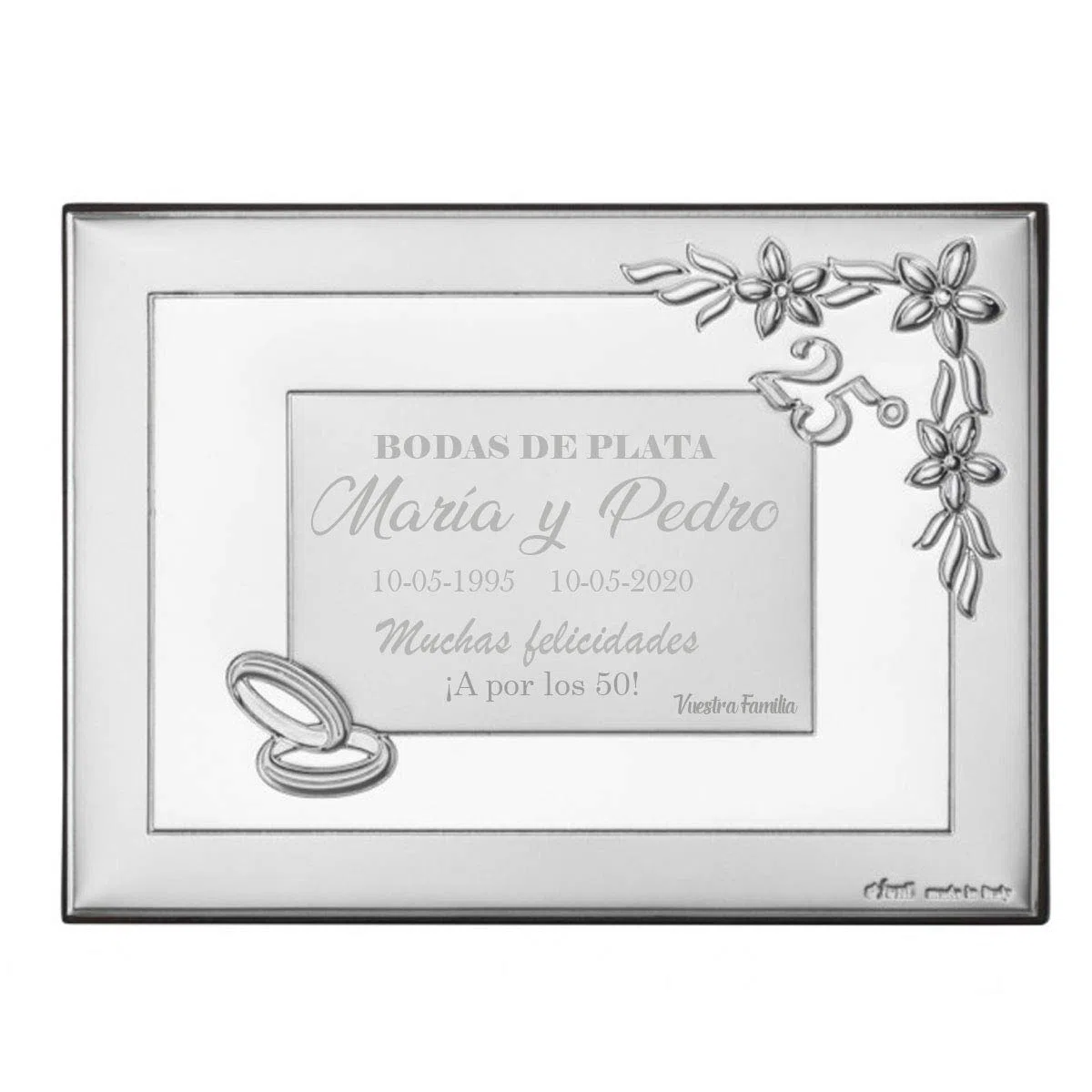 Curia Grabador - Placa Conmemorativa 25 Aniversario - Regalo Bodas de Plata Personalizado -Grabado Personalizado con Nombres y Fecha, Dedicatoria Especial. Modelo Flor