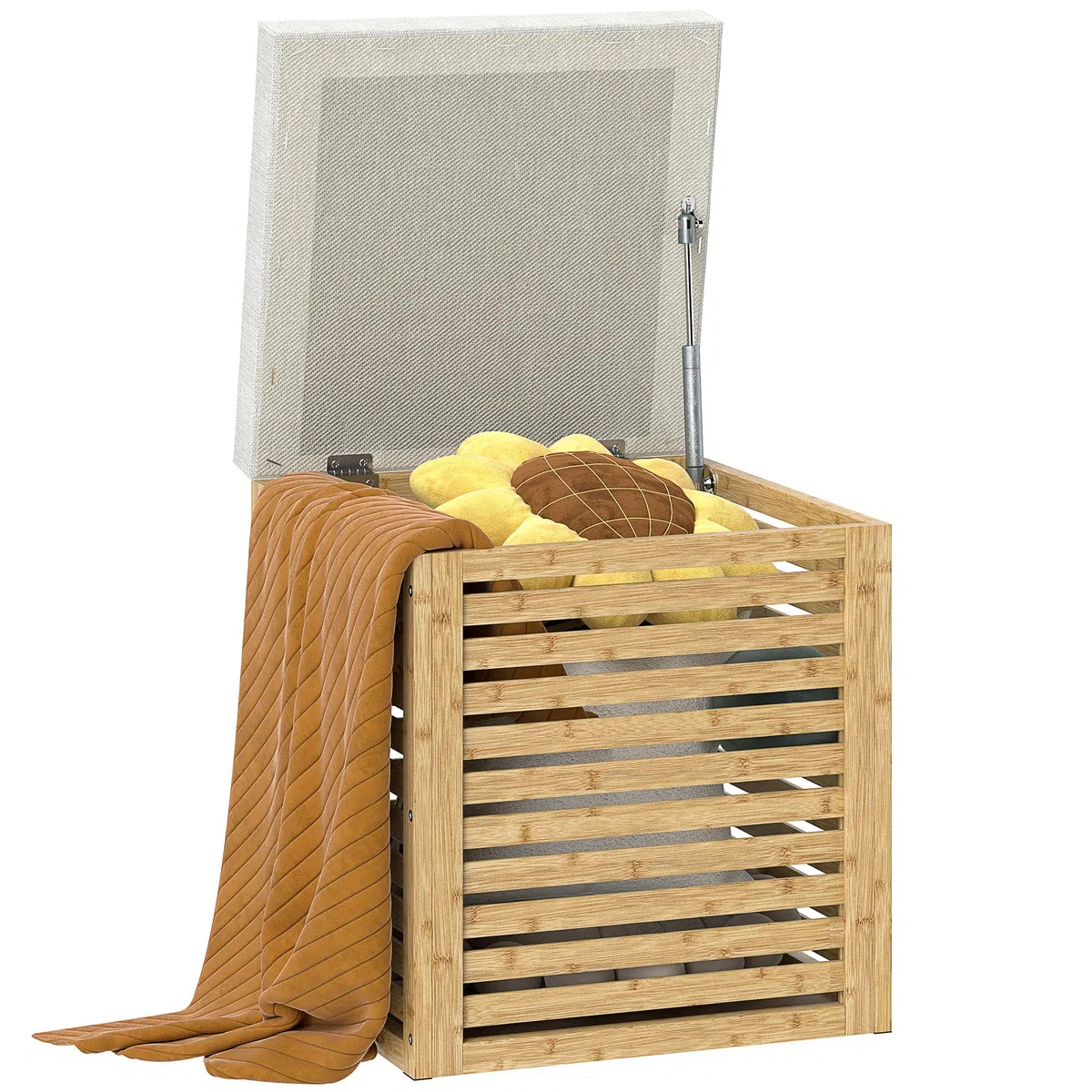 HOMCOM Baúl de Almacenaje para Dormitorio 54,7L Taburete de Almacenaje Tapizado en Lino Sintético con Cojín Marco de Bambú para Entrada Salón 40x40x47 cm Gris y Natural