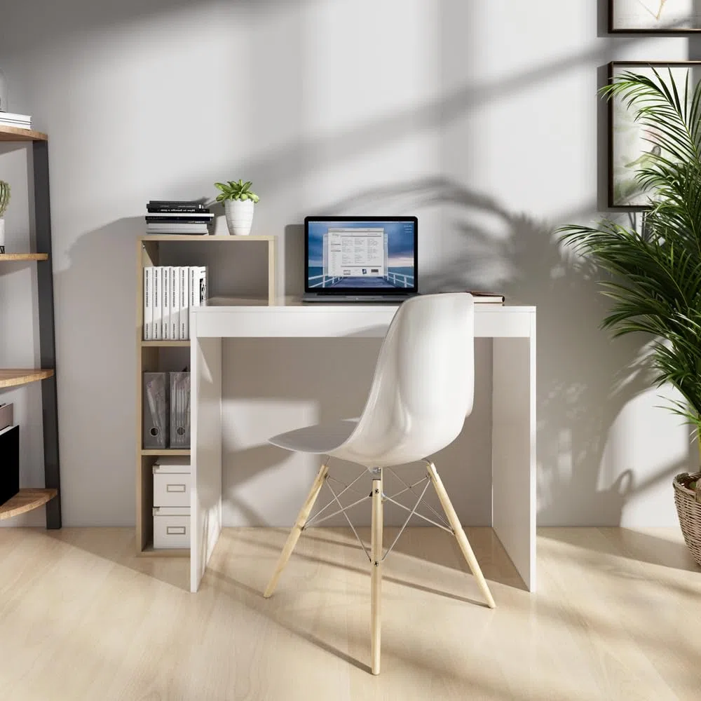 Mondeer Escritorio, Mesa de Ordenador con Estante de Almacenamiento de 3 Niveles, Ahorro de Espacio, para Oficina Estudio Estación de Trabajo, 110 x 40 x 92 cm, Blanco y Roble