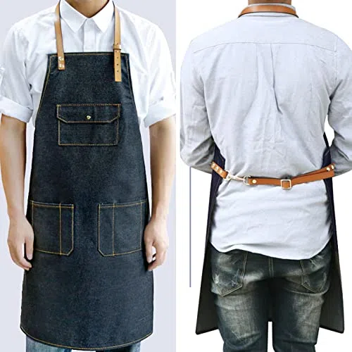 Delantales de Chef para Hombres Delantal de Trabajo de Mezclilla Profesional Delantales de Peluquero para Mujeres con Bolsillos para cocinar Barbacoa