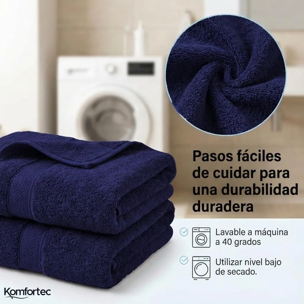 Komfortec Juego de 8 Toallas 100% Algodón | 4 Toallas de Baño 70 x 140 cm y 4 Toallas de Lavabo 50 x 100 cm – Juego de Toallas Suaves y Absorbentes – Azul Marino