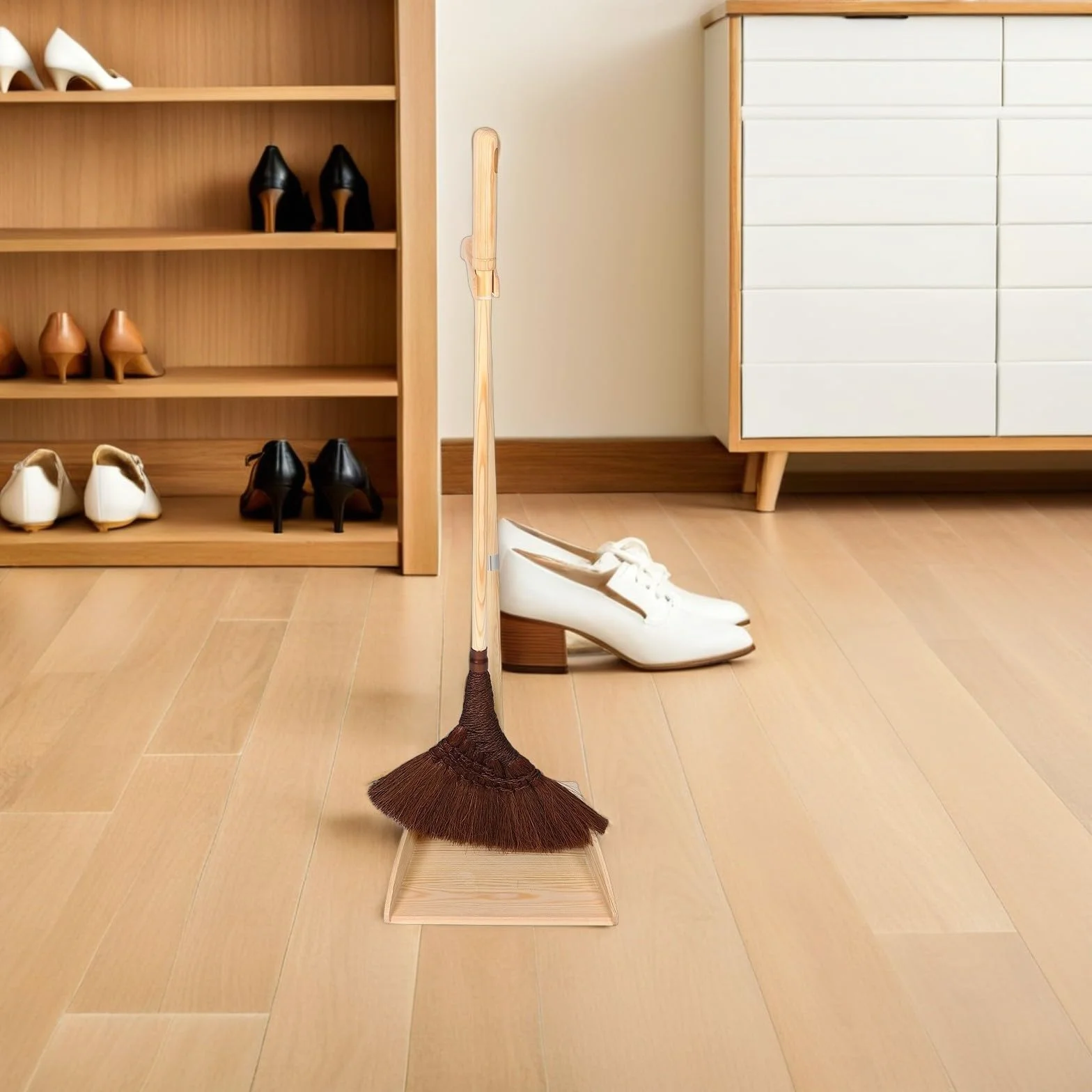 GALPADA Juego de Escoba y Recogedor de Madera y Palma Antistático para Limpieza en Hogar y Jardín Diseño Clásico Hecho a Mano