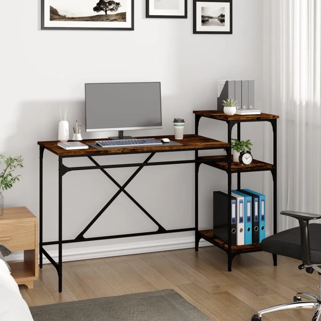 Escritorio de 135 x 50 x 90 cm de estilo industrial de madera con marco de hierro, 3 estantes para un amplio espacio de almacenamiento, gran superficie de trabajo y soporte de pared