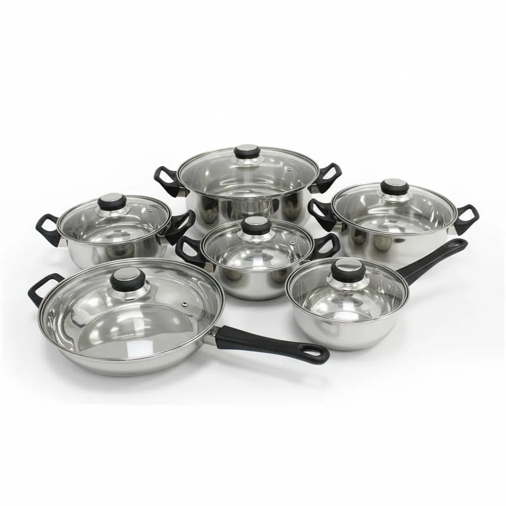 Quttin | Batería de Cocina de 12 Piezas de Acero Inoxidable Apta para Inducción, Gas y Vitrocerámica - Juego de 4 Ollas, 1 Cazo y 1 Sartén con Tapas de Cristal, Perfecta para Todas las Cocinas