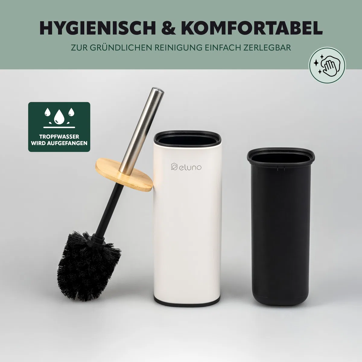 eluno Juego de accesorios de baño Framura, 2 piezas, compuesto por 1 cubo cosmético con tapa de cierre suave y 5 litros de capacidad y 1 juego de inodoro, de metal con tapa de bambú (blanco)