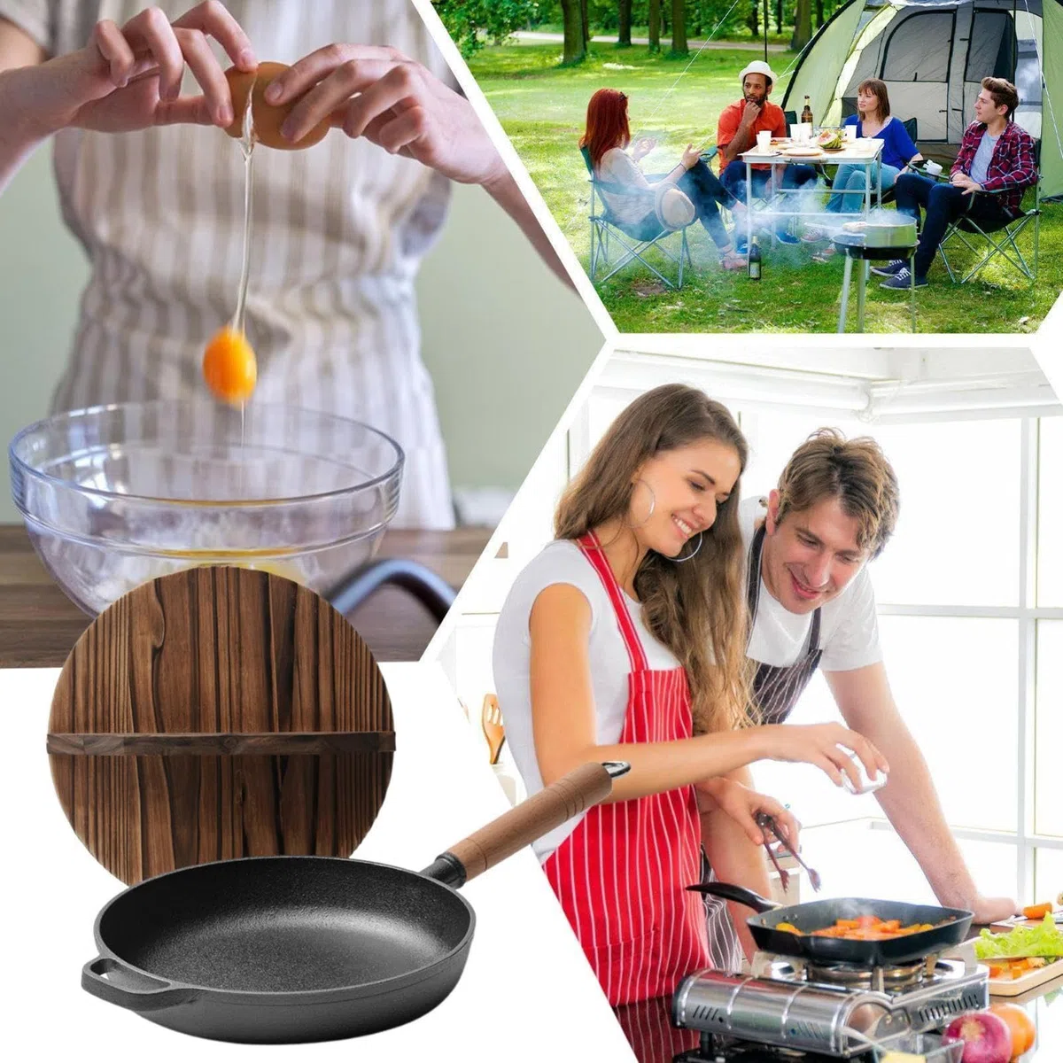 Sartenes De Hierro Fundido Ergonómico Antiadherente Con Mango De Madera | Plancha Grill Cocina Para Hornear Tortilla Pescado Huevos Panqueques Bistecs Hogar Restaurante Camping Cocina
