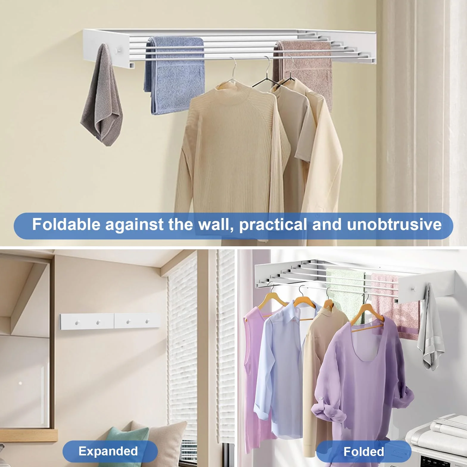 Tendedero de pared con montaje en la pared, con ganchos mejorados, tendedero de pared simple, plegable, tendedero de pared para interior o exterior, tendedero de pared extensible para el
