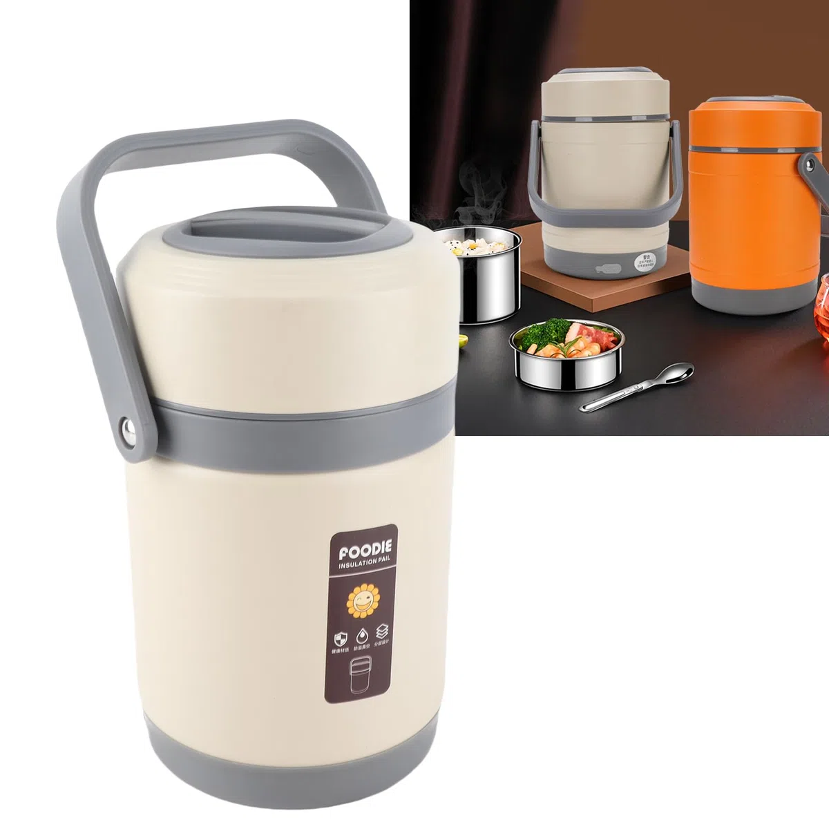 Pssopp Fiambrera Térmica de Acero Inoxidable Contenedor de Almuerzo con Aislamiento de Temperatura Constante para Sopa Caliente Preparación de Comidas de Gachas con Capacidad de 2 (Beige)