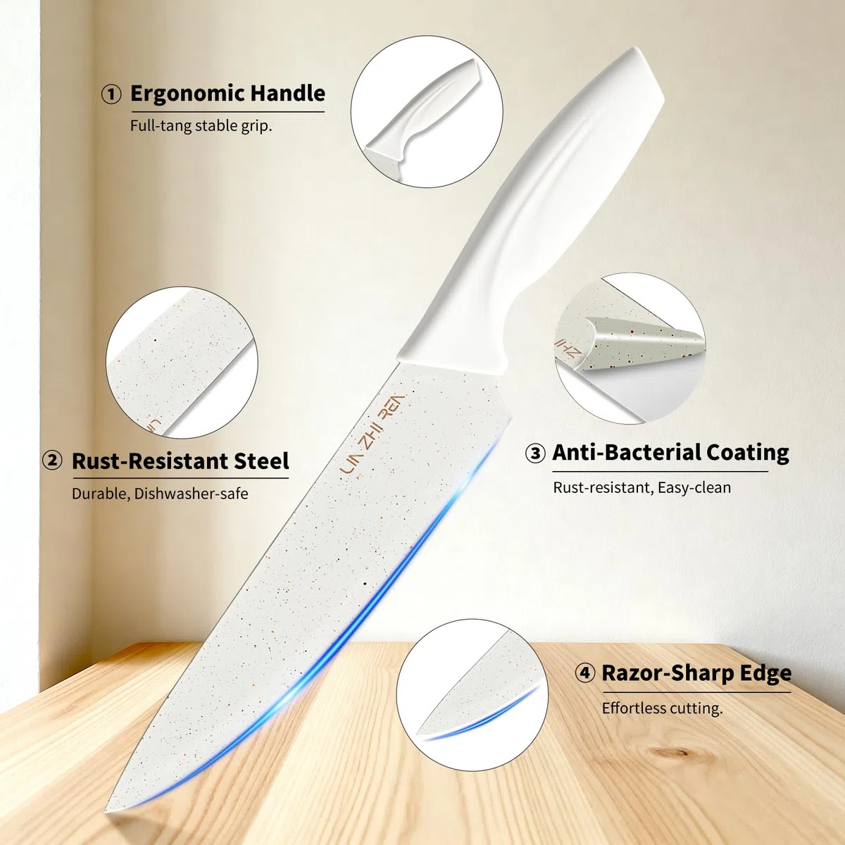 Juego de 13 Cuchillos de Cocina con Bloque y Afilador Integrado | Acero Inoxidable | Mango Ergonómico Antideslizante | Apto para Lavavajillas | Color Blanco