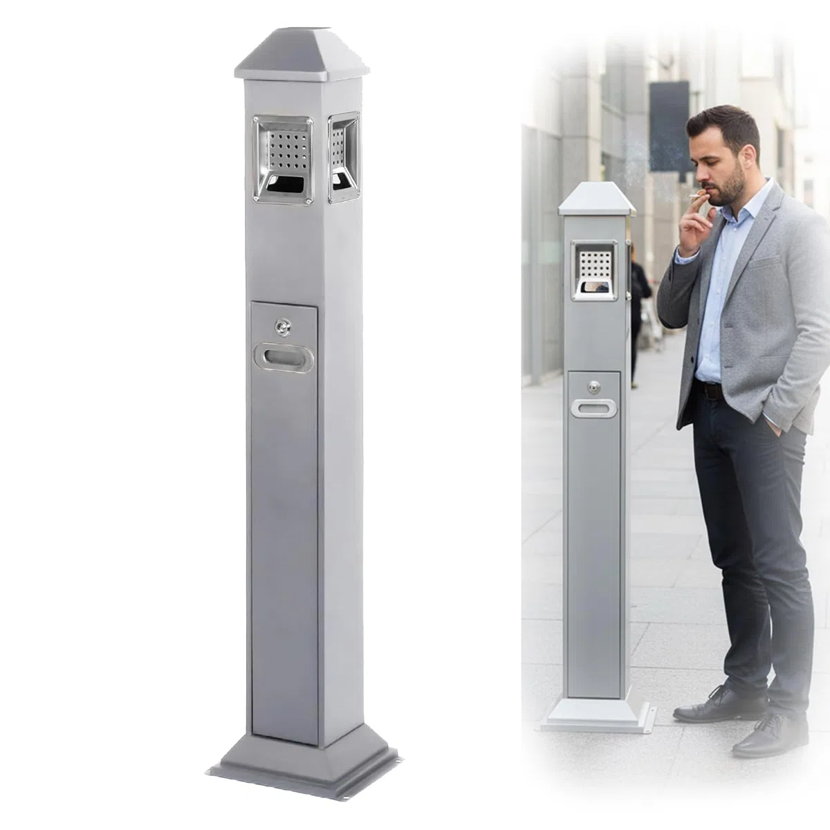 Cubo de basura vertical de acero inoxidable con 4 entradas, 120 cm, para exteriores, con cierre