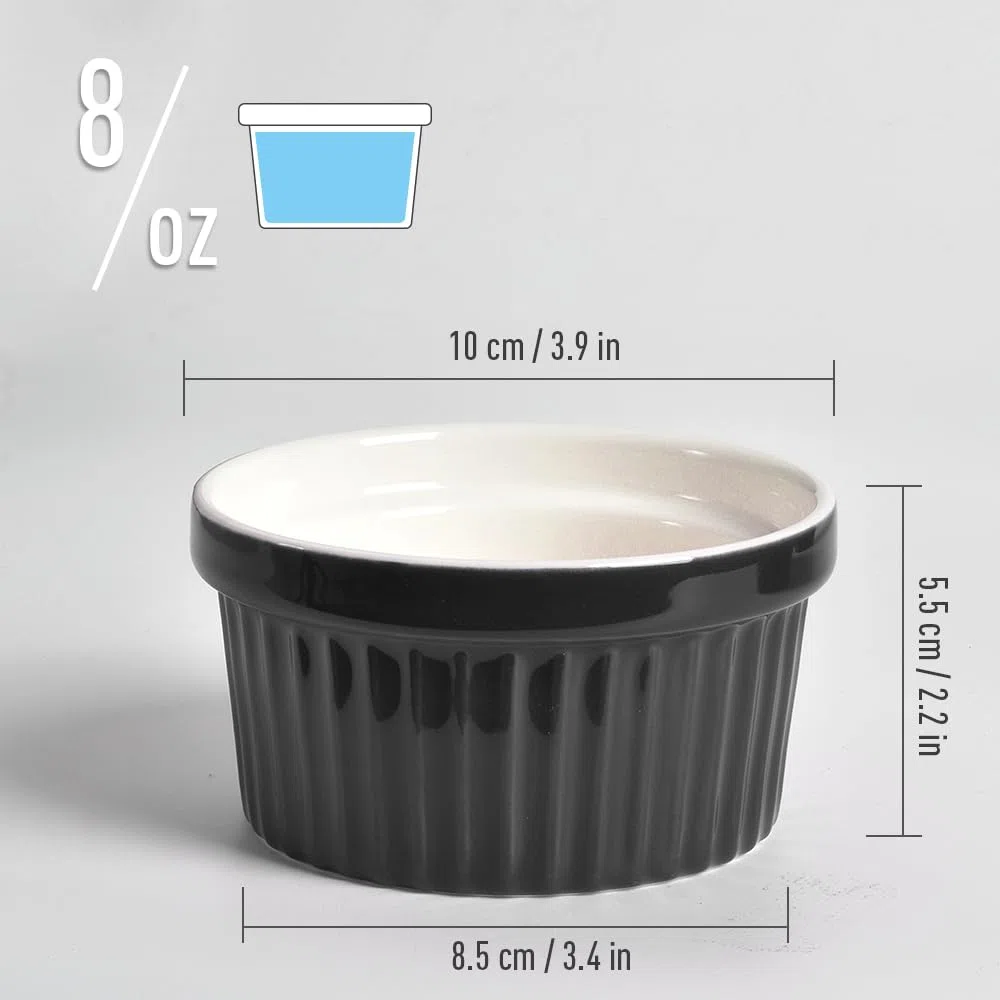 homEdge Juego de 6 moldes de porcelana con tapa, 240 ml, cuenco para helado, crema brûlée ramekins para hornear, color negro
