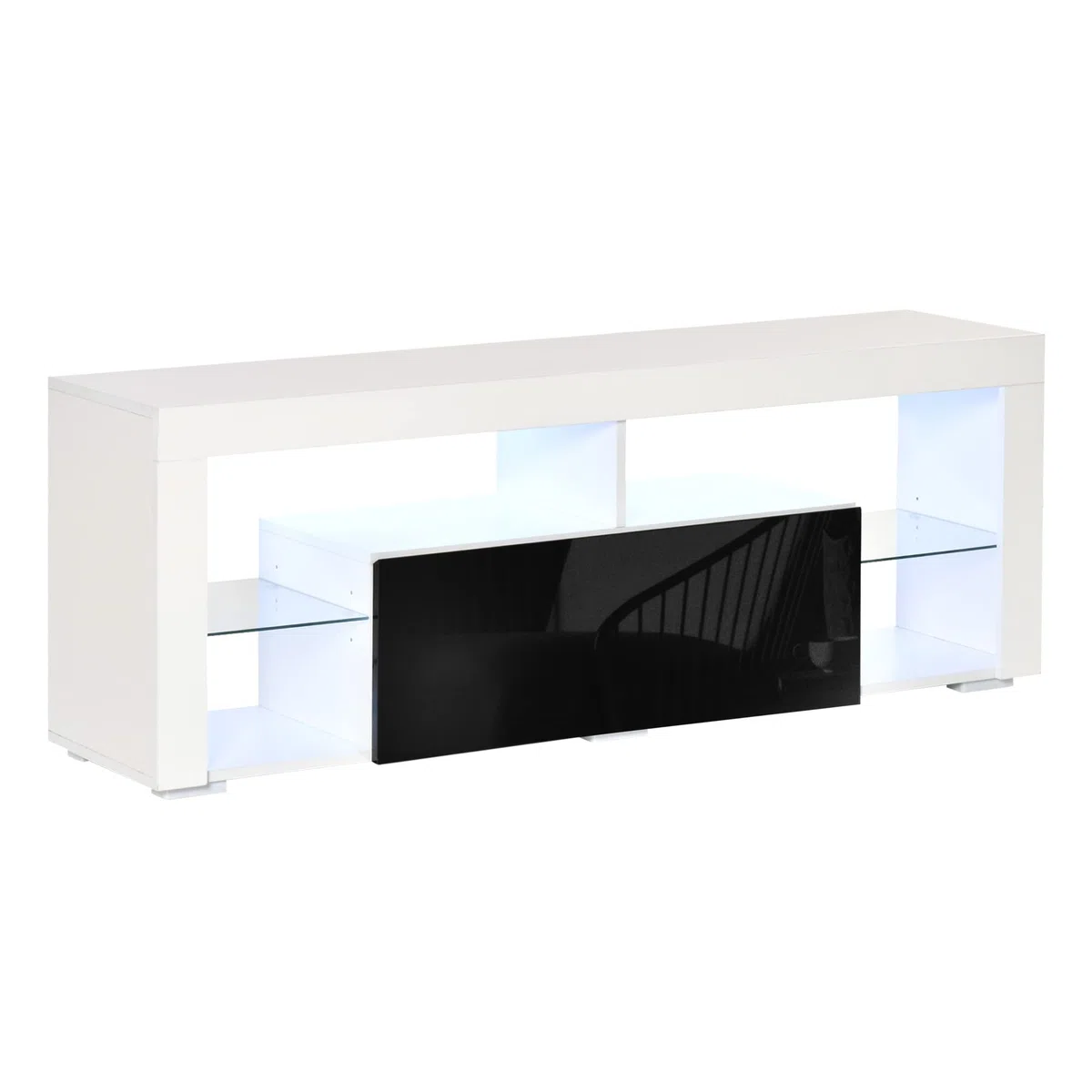 HOMCOM Mueble de TV para Televisiones de 55”Pulgadas 140x35x52 cm Blanco | Mesa para TV de Salón, Luz LED, 6 Modos de Colores, Mando a Distancia, Cajón, Estantes de Cristal Ajustables, Alto Brillo
