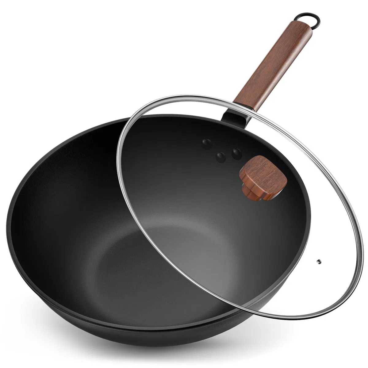 Jobin 33cm/5,6L Wok de Acero al Carbono Sartenes Antiadherentes con Tapa - Sin Recubrimiento Químico - Puede Cocinar Platos Asiáticos para 4-6 Personas - Apto Para Todas las Cocinas
