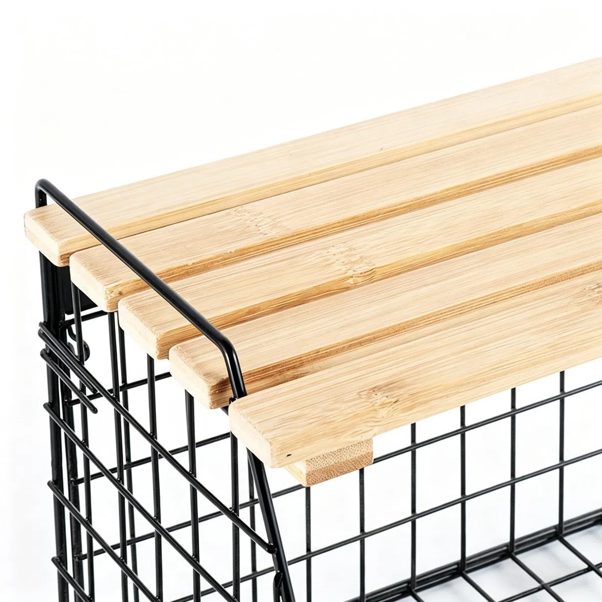 Cesta de alambre de almacenamiento, contenedor montado en la pared para uso en la cocina, marco de hierro con tapa de madera, función de diseño apilable, accesorio de fácil organización, adecuado para