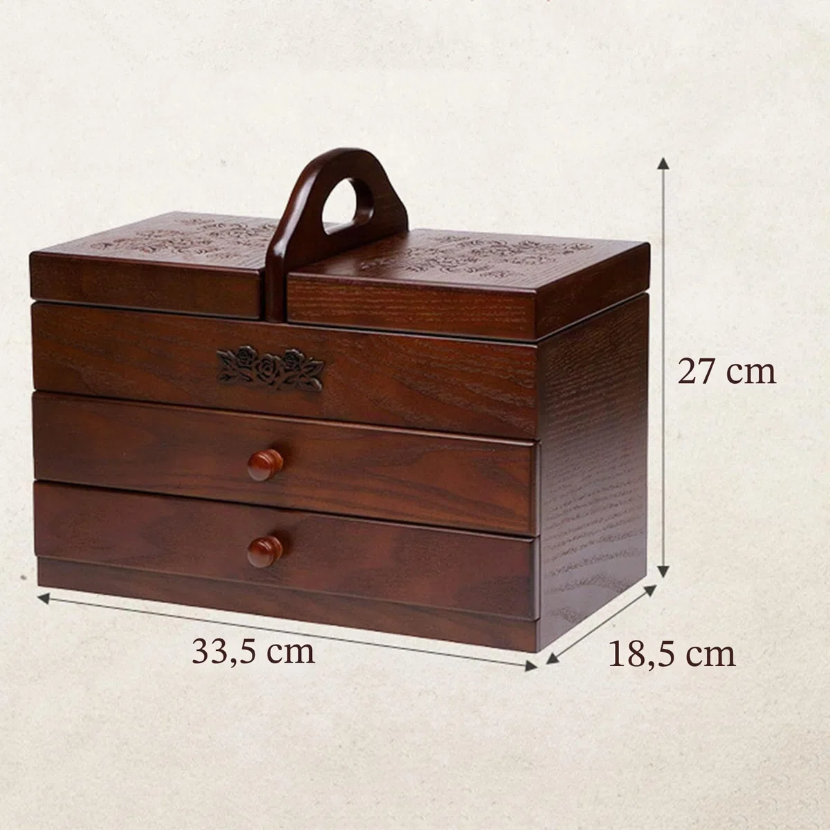 Caja de costura grande de madera con 2 cajones para el hogar y bordado, organizador y compartimento para herramientas para un fácil transporte, caja vacía