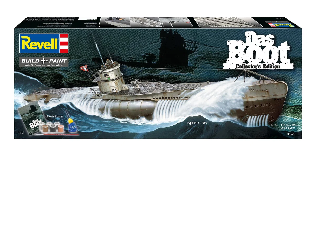 Revell - 05675 Set de Regalo Set de películas Das Boot - 40 Aniversario, Escala 1:144, 46,5cm, Kit Modelo con Pinturas Base, Pegamento y brocha
