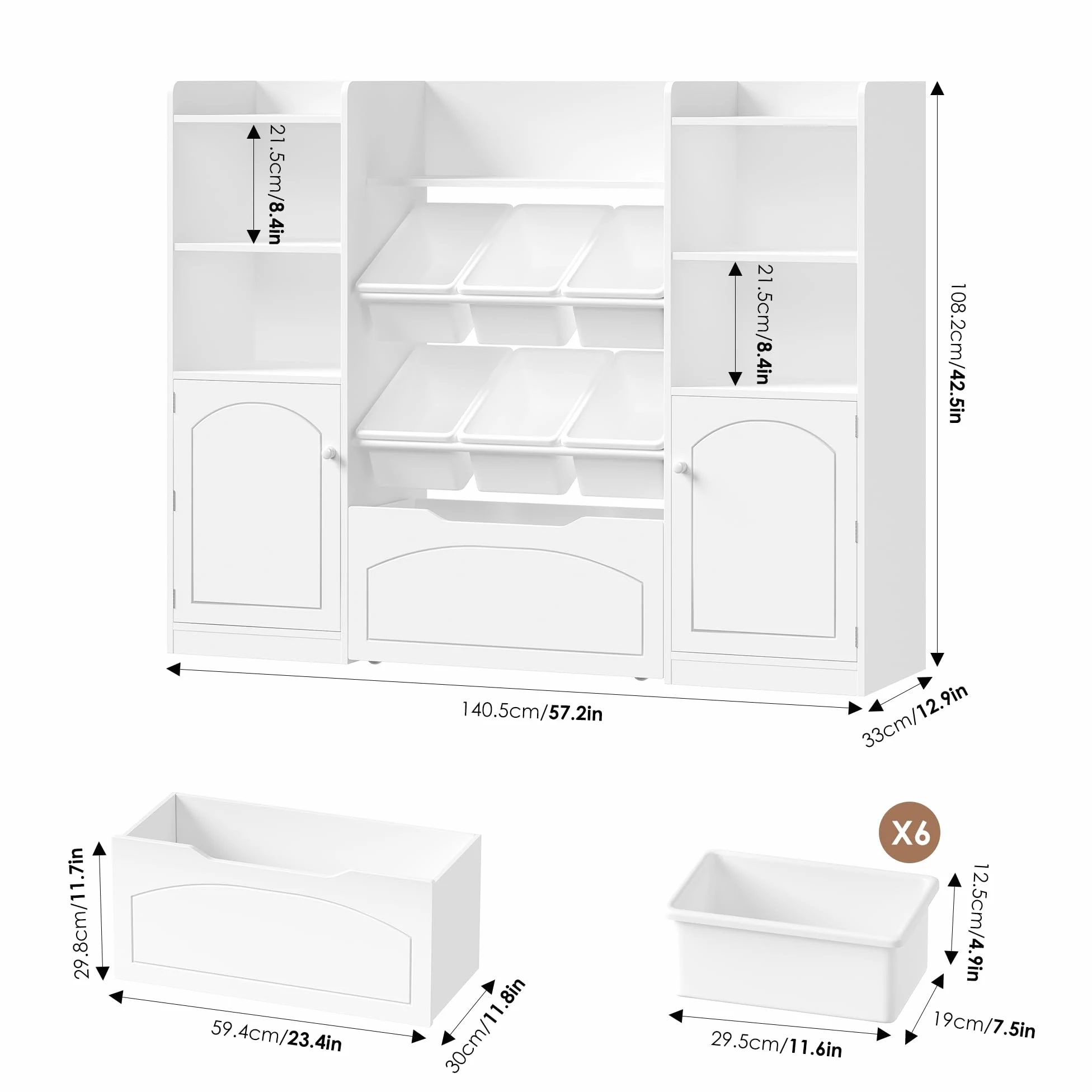 FOREHILL Mueble Almacenaje Juguetes, Organizador Juguetes, 6 Cajas, Blanco | Mueble Juguetes Organizador, 8 Compartimentos, 2 Estantes para Puertas, 1 Cajón Grande, 140.5x33x108.2cm