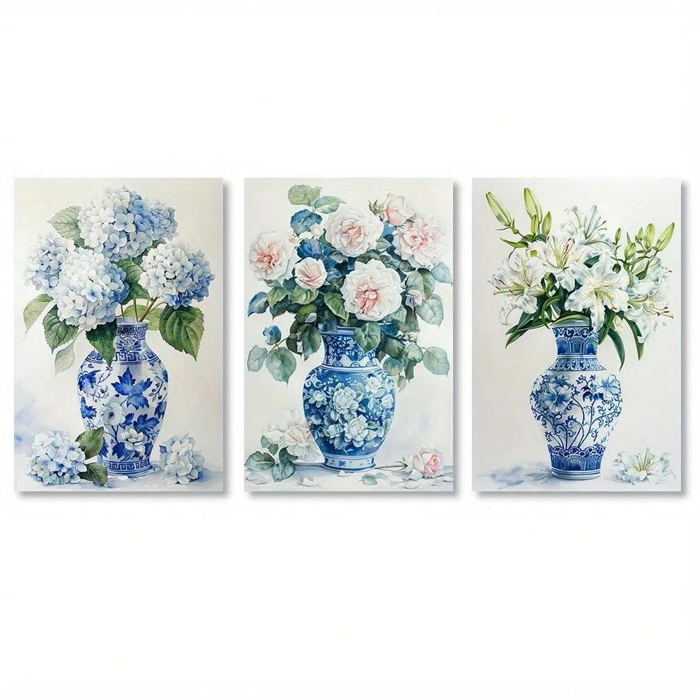 Cuadro decorativo de 3 piezas con jarrón de porcelana azul y blanca, ideal para la decoración de habitaciones (50x70cm x 3/Sin marco).