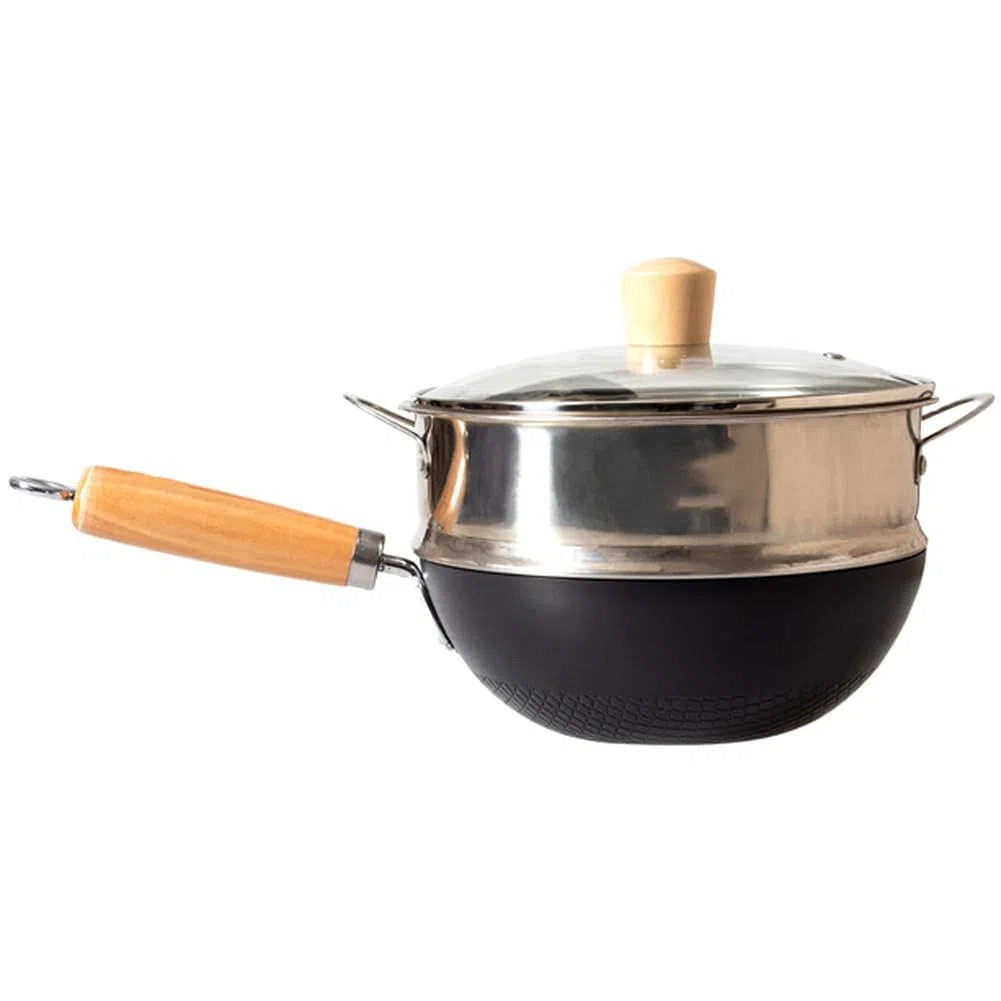 Wok de hierro sin revestimiento de 20 cm para cocina de inducción, sartén individual de estilo japonés con superficie y mango de agarre cómodo