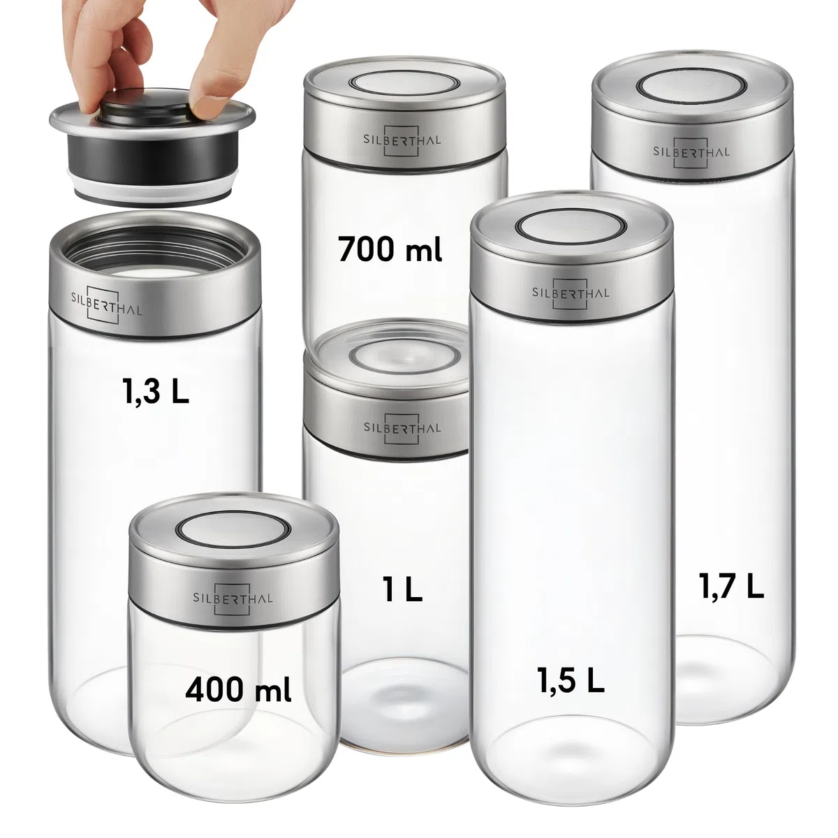 SILBERTHAL Set 6 Botes cocina almacenaje - Hermeticos y antipolillas - Vidrio y acero inoxidable - 1700ml 1500ml 1300ml 1000m 700ml y 400ml - Versión mejorada, ahora apilables - Tarros despensa