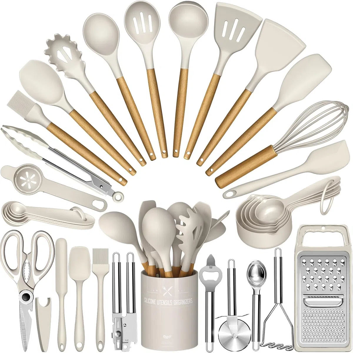 Terlulu Juego de utensilios de cocina, juego de 34 utensilios de cocina de silicona con mango de madera, juego de utensilios de silicona resistentes al calor, juego de pinzas y cuchara para utensilios