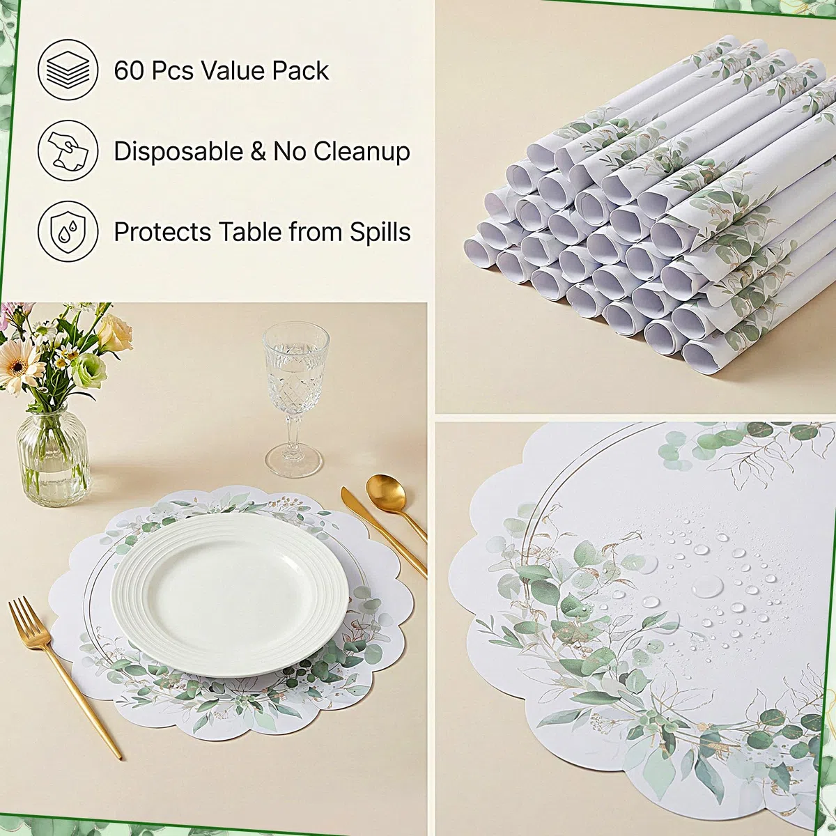 60 manteles individuales de papel de hojas de eucalipto, manteles individuales desechables festoneados de 13.5 pulgadas, manteles individuales de boda, manteles individuales redondos para banquetes