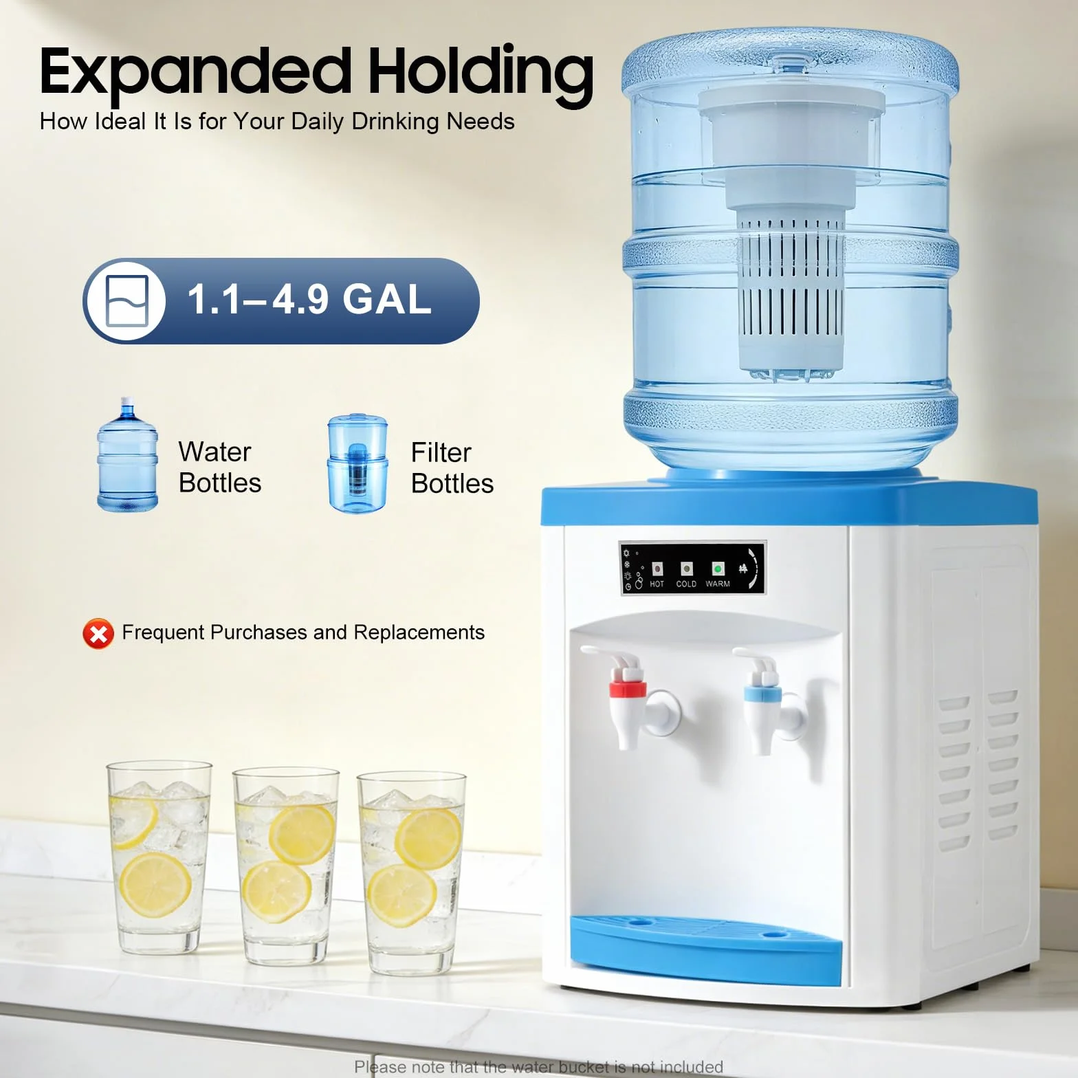 Dispensador de Agua Fria, 550W Dispensador de Agua, 25,5x23,5x33cm Water Dispenser de Sobremesa, Grifo de Presión y Luces Indicadoras, para Botellas 4.5-18.9L, Para Oficina, Cocina o Dormitorio