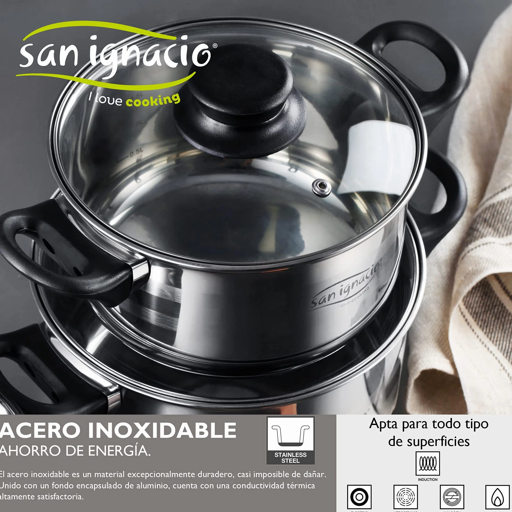 San Ignacio Bateria de cocina 8 piezas acero inoxidable, con juego de sartenes Premium (20 y 24 cm) en aluminio forjado, inducción
