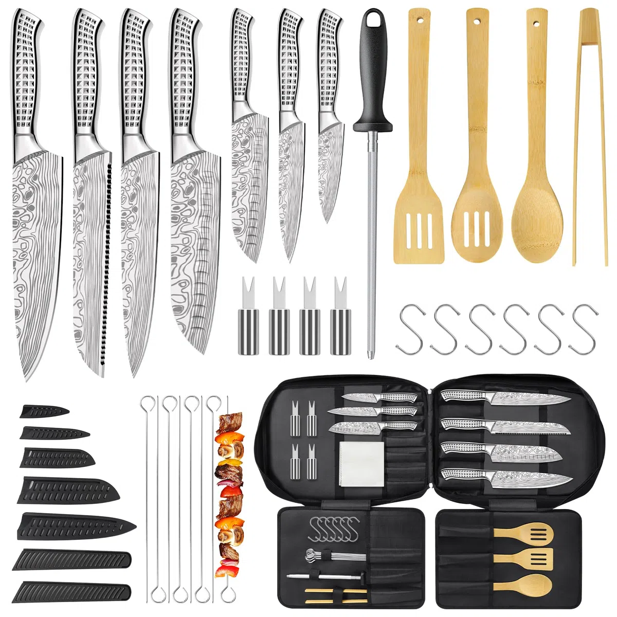 Juego de Cuchillos de Cocina Utensilios para Barbacoa Camping Picnic | Incluye 7 Cuchillos, Afilador e Fundas, Accesorios BBQ, Espátula para Risotto, Espátula Ranurada, Cuchara, Pinzas de Cocina