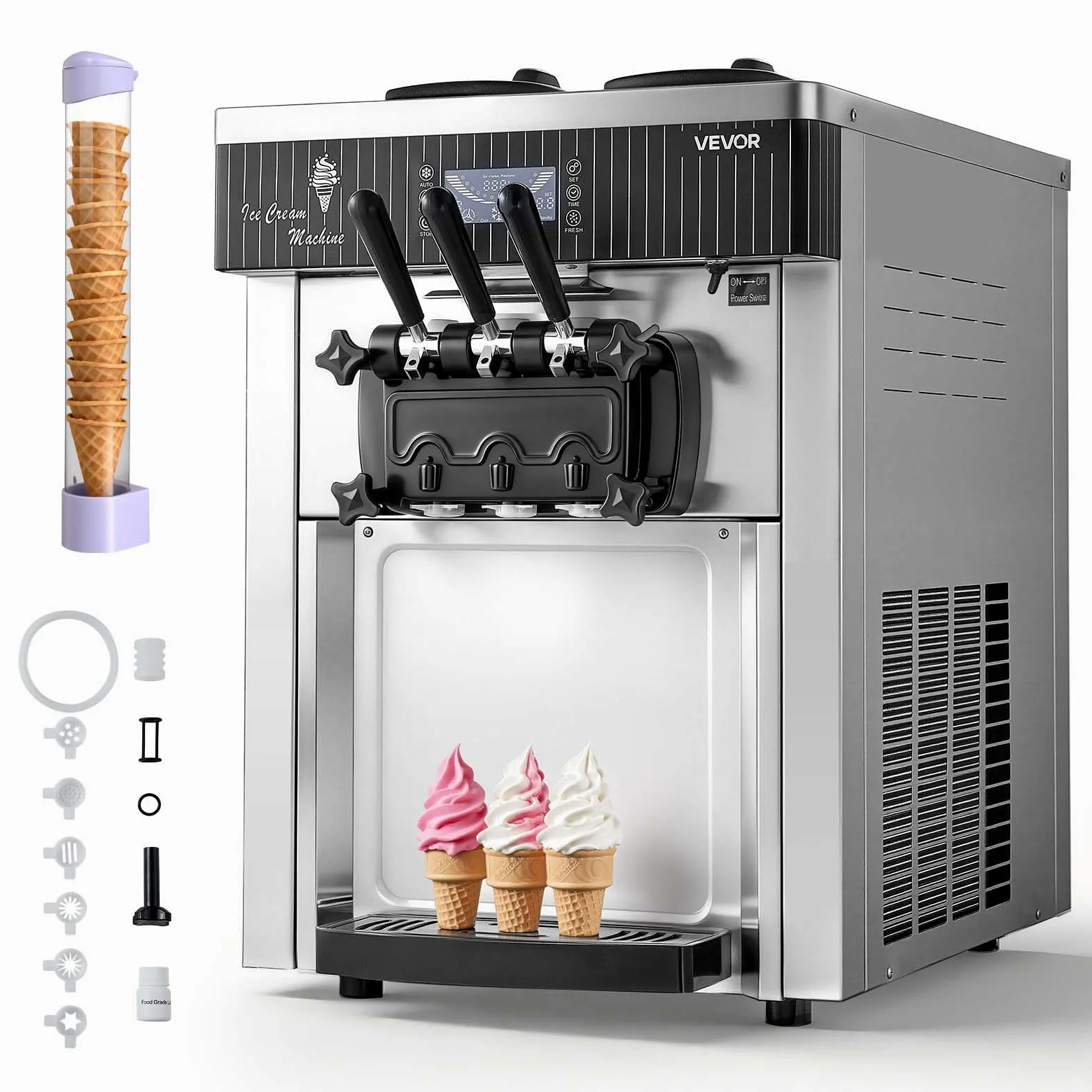 VEVOR Máquina de Helado Suave Comercial 3 Sabores 2200 W, Caudal de 20-28 L/h, Máquina para Hacer Helados Sobremesa con 2 Tolvas de 6 L, Agitación de Tolva, Preenfriado y Autolimpieza para Tiendas