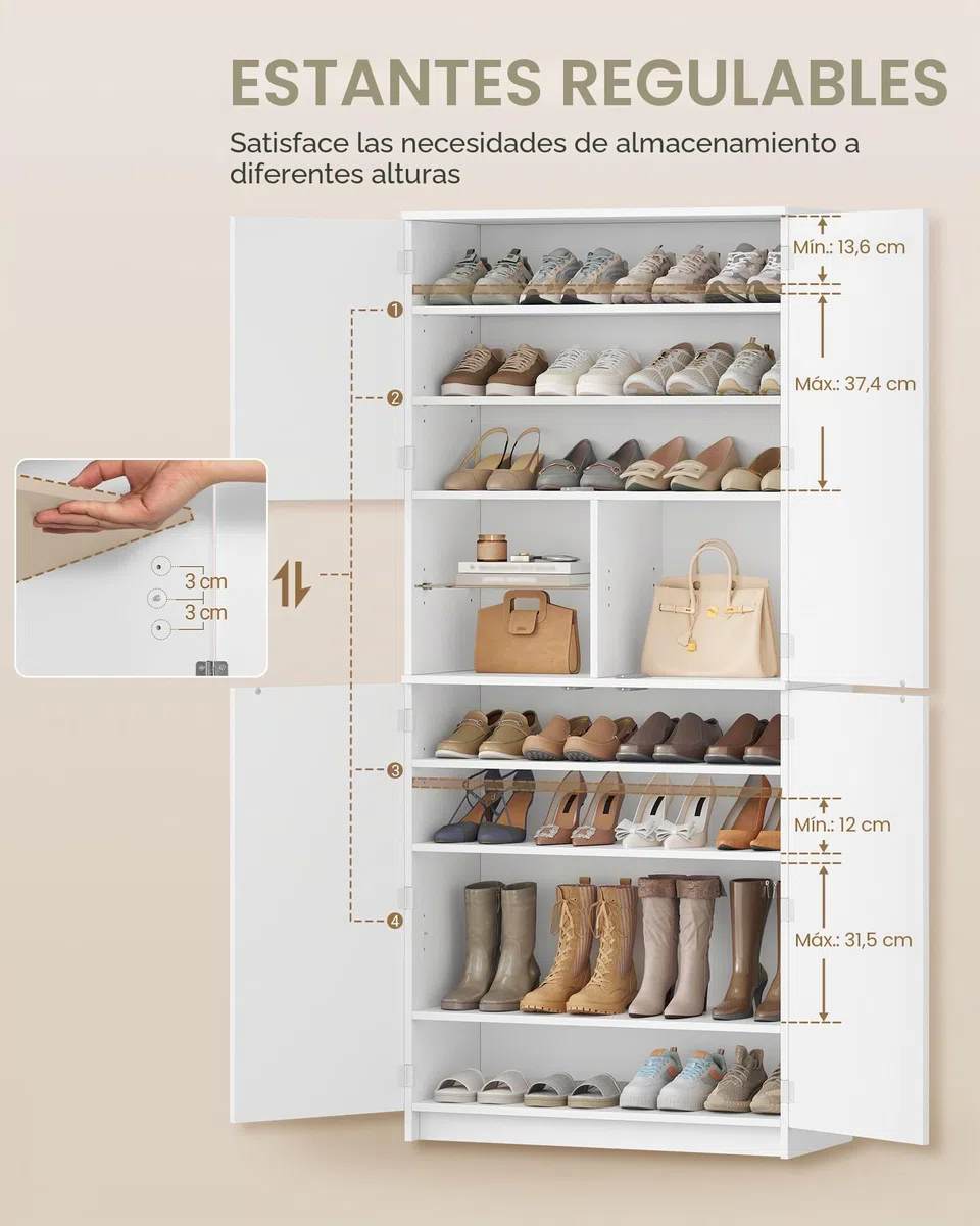 Hzuaneri Zapatero Alto con Espejo, Mueble de Recibidor para 36-40 Pares de Zapatos, Armario de Entrada con Mecanismo Push-to-Open, Estantes Ajustables, 2 Ganchos y Estante Abierto 36x80x180 cm Blanco | Apertura por presión, separador ajustable, 2 ganchos,