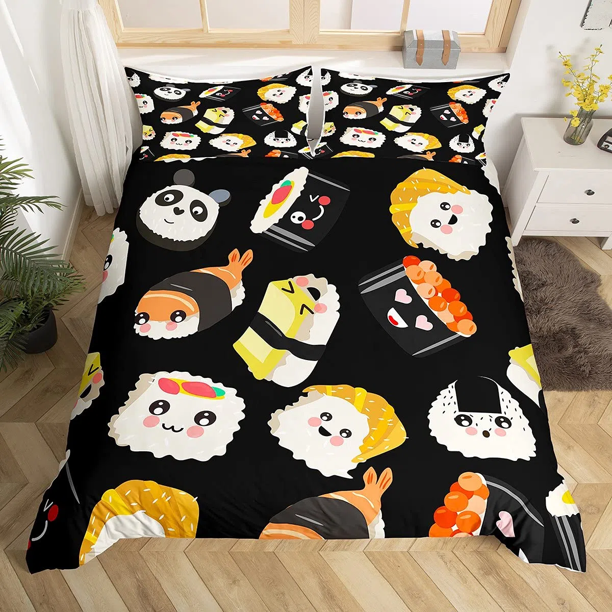 Juego de funda de edredón de sushi súper King, juego de ropa de cama de sushi kawaii con dibujos animados de dibujos animados de estilo japonés, juego de funda de edredón con estampado de alimentos