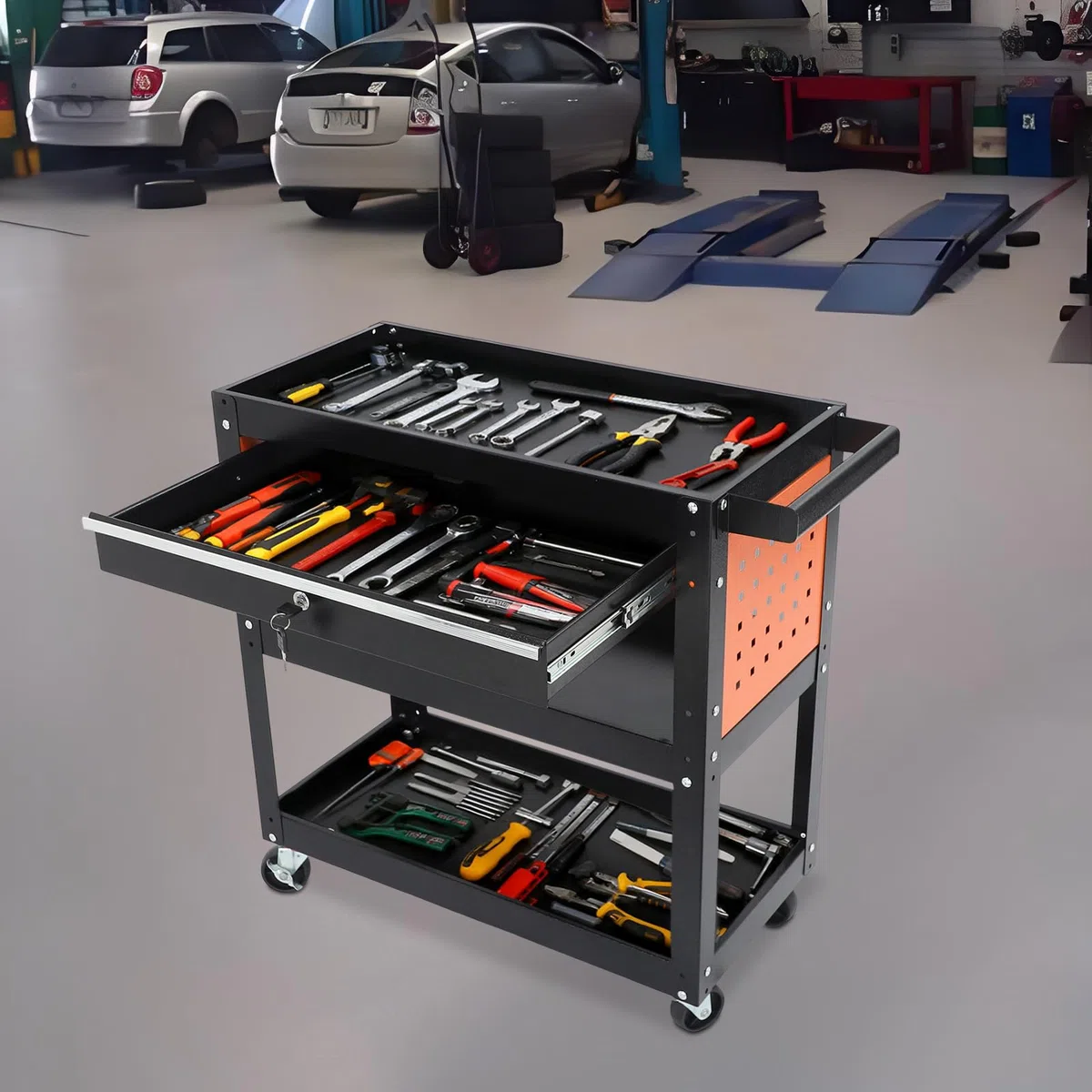Carro de taller de 3 niveles, carro de servicio de metal, carro con ruedas, taller con cajón con cerradura, carro de montaje, carrito multifuncional de 70 x 35 x 76 cm