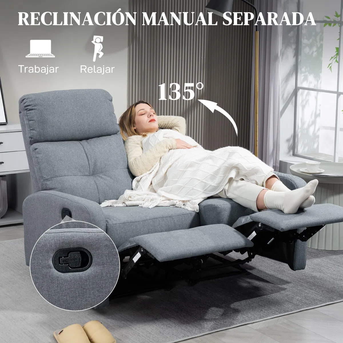 HOMCOM Sofá de 2 Plazas Reclinable Manual Sofá Relax 118x95x101 cm Gris | Tapizado en Lino,Respaldo Ajustable por Separado,Reposapiés,Muelles Ensacados,Acolchado Grueso,Dormitorio,Salón