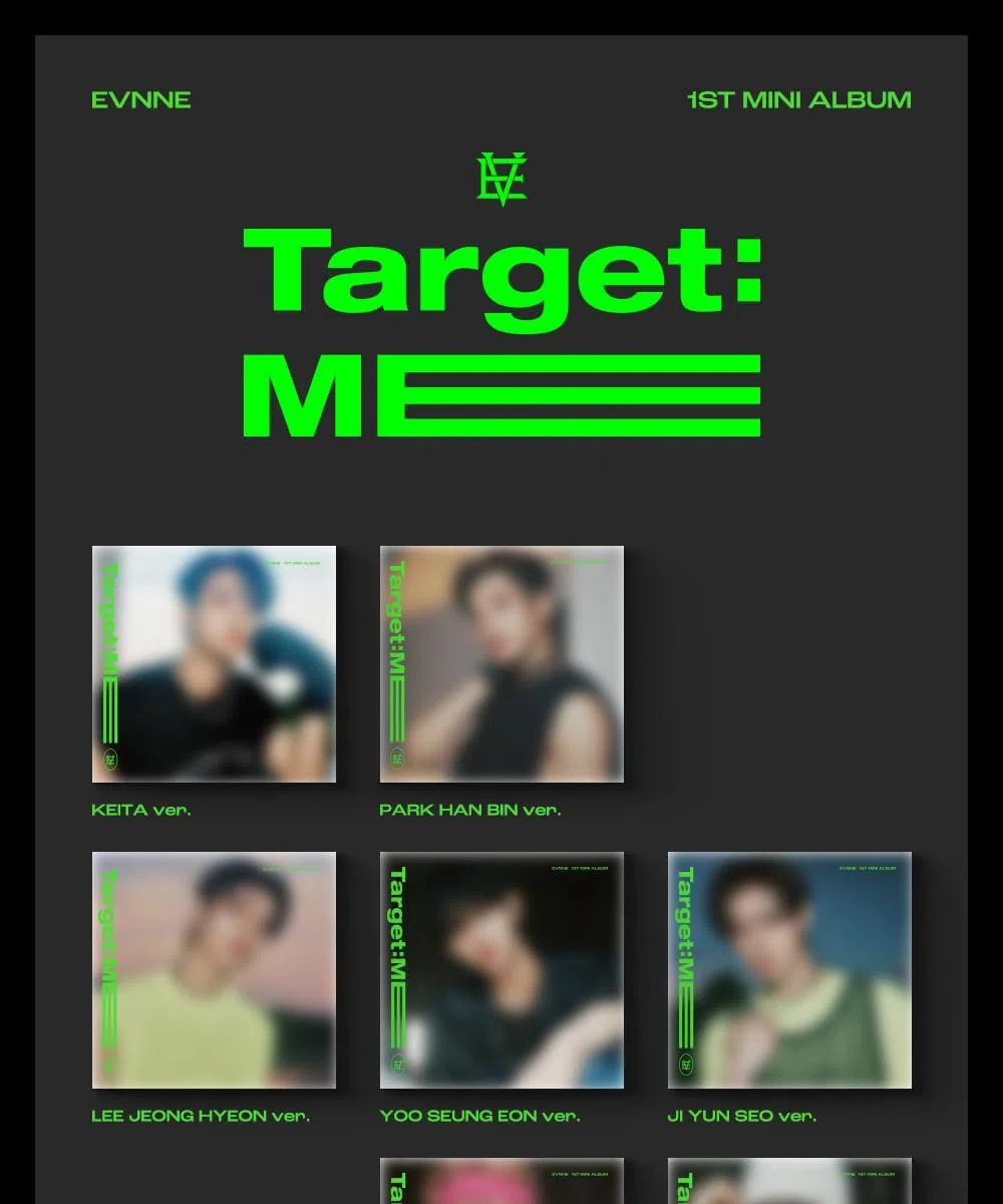 EVNNE Target: ME 1er mini álbum CD + libro de fotos + póster plegable en paquete + tarjeta fotográfica + seguimiento sellado Boys Planet (set completo de 9 versiones (E+V + Digipack 7 version))
