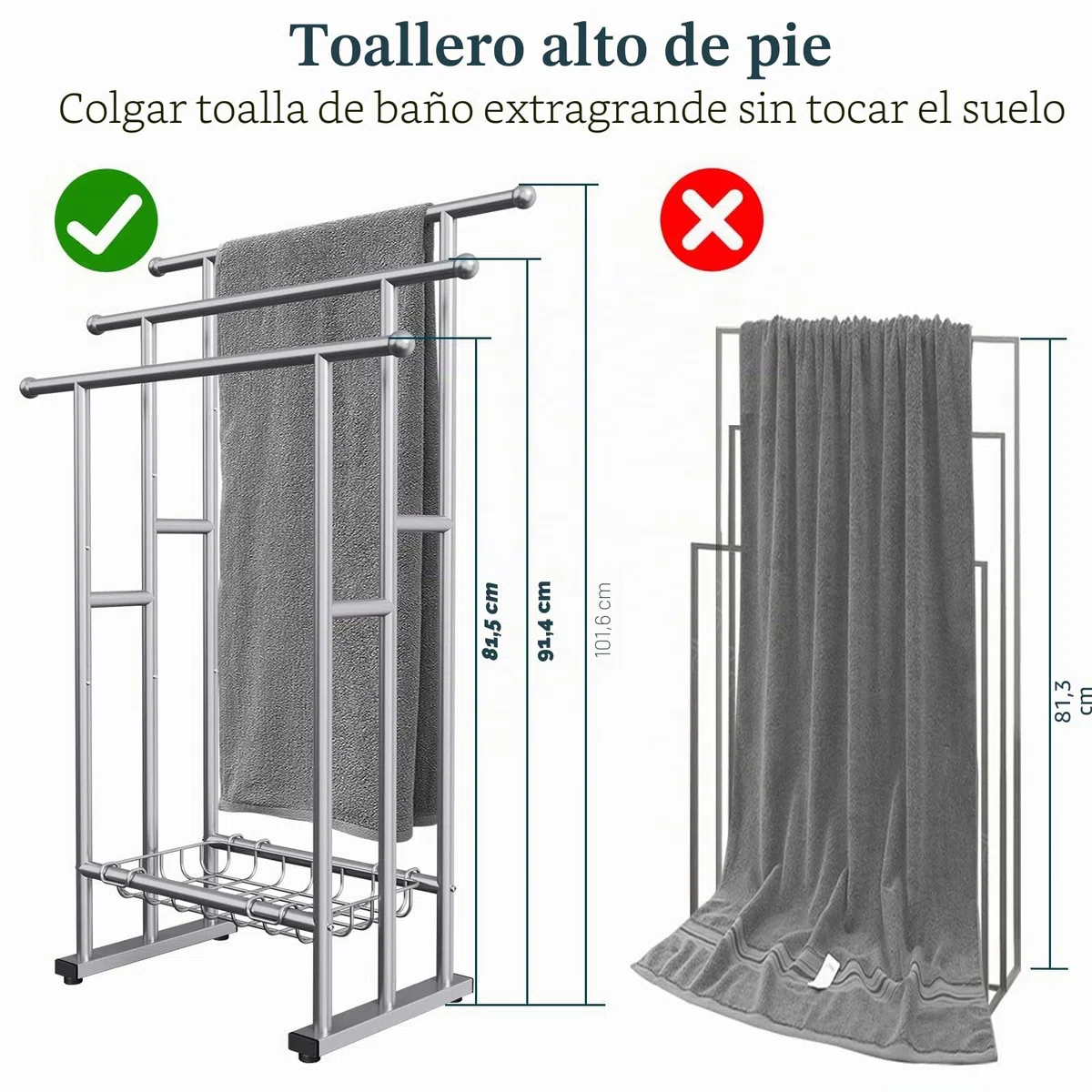 Toallero Independiente de 40 Pulgadas de Alto para baño, toallero de Piso de 3 Niveles con Cesta de Almacenamiento, Escalera de Manta y Estante de exhibición para Toallas de baño Grandes y Toallas de
