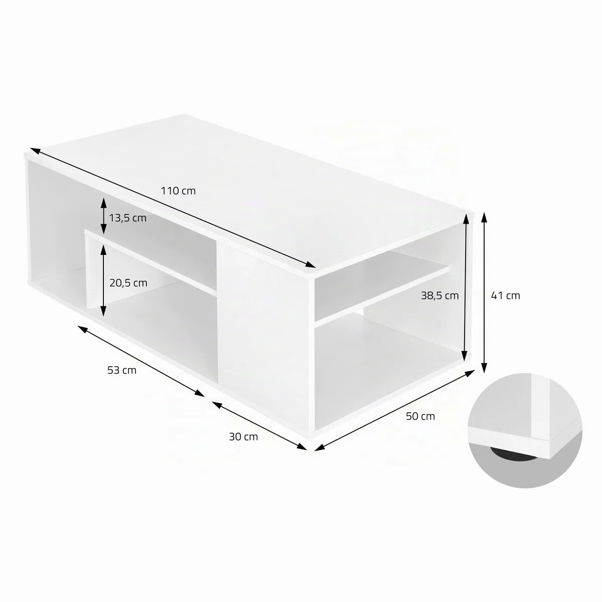 ML-Design Mesa de Centro Blanca 110x50x41 cm Aglomerado Revestido Mesita de Café Rectangular Moderna Mueble Auxiliar Versátil con 4 Estantes en 3 Niveles Mesa con Mucho Espacio de Almacenamiento