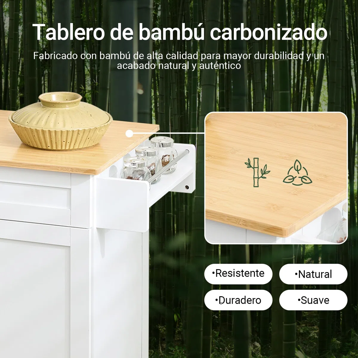 SoBuy FKW13-II-WN Luxus-Carrito de Cocina con Piso, Estantería de Cocina, Carrito de Servir de Bambú, 66 x 46 x 91 cm, ES