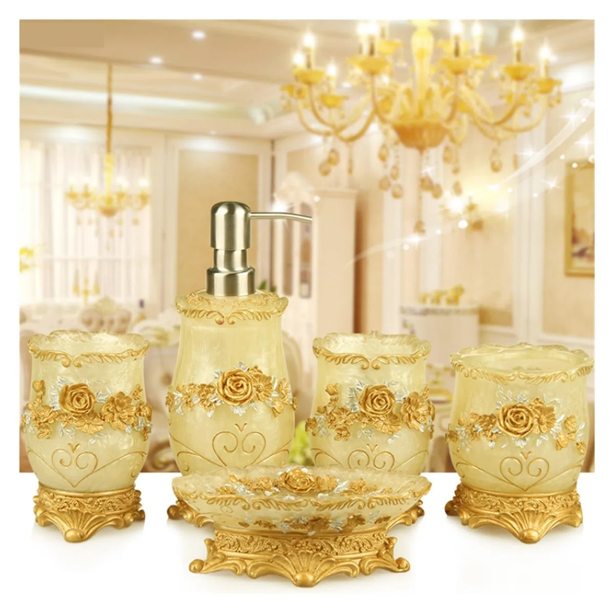 Set de Accesorios de Baño Juego de baño de resina for el hogar, dispensador de jabón, soporte for cepillo de dientes, taza, jabonera, bandeja, cepillo de baño, juego de almacenamiento de papelera(14x1