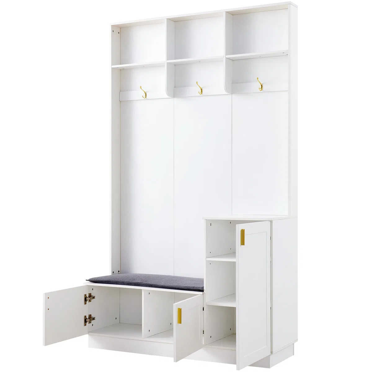 H200/B120/T40 cm con banco y zapatero, banco de almacenamiento multifuncional con 3 ganchos colgantes y espacio de almacenamiento abierto, almacenamiento rectangular y estantes para pasillo, color