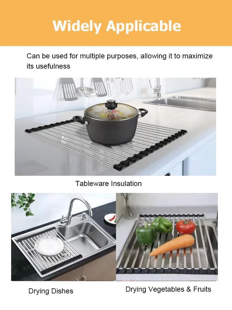 Escurridor plegable de acero inoxidable para fregadero de cocina, ajustable, 37-52 cm, diseño enrollable que ahorra espacio, color negro (40 x 48 cm)