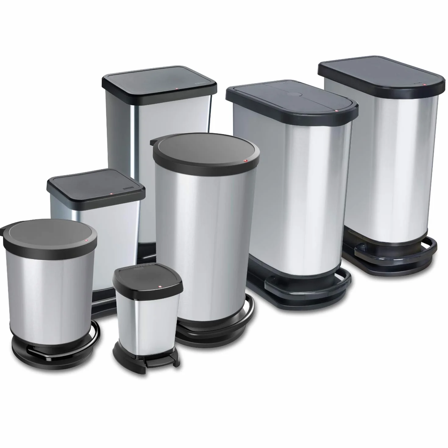 Rotho Cubo de basura Paso de 50 litros para separación de residuos con tapa y pedal, plástico (PP) sin BPA, plateado metálico, 50 l (44,0 x 29,0 x 67,0 cm)