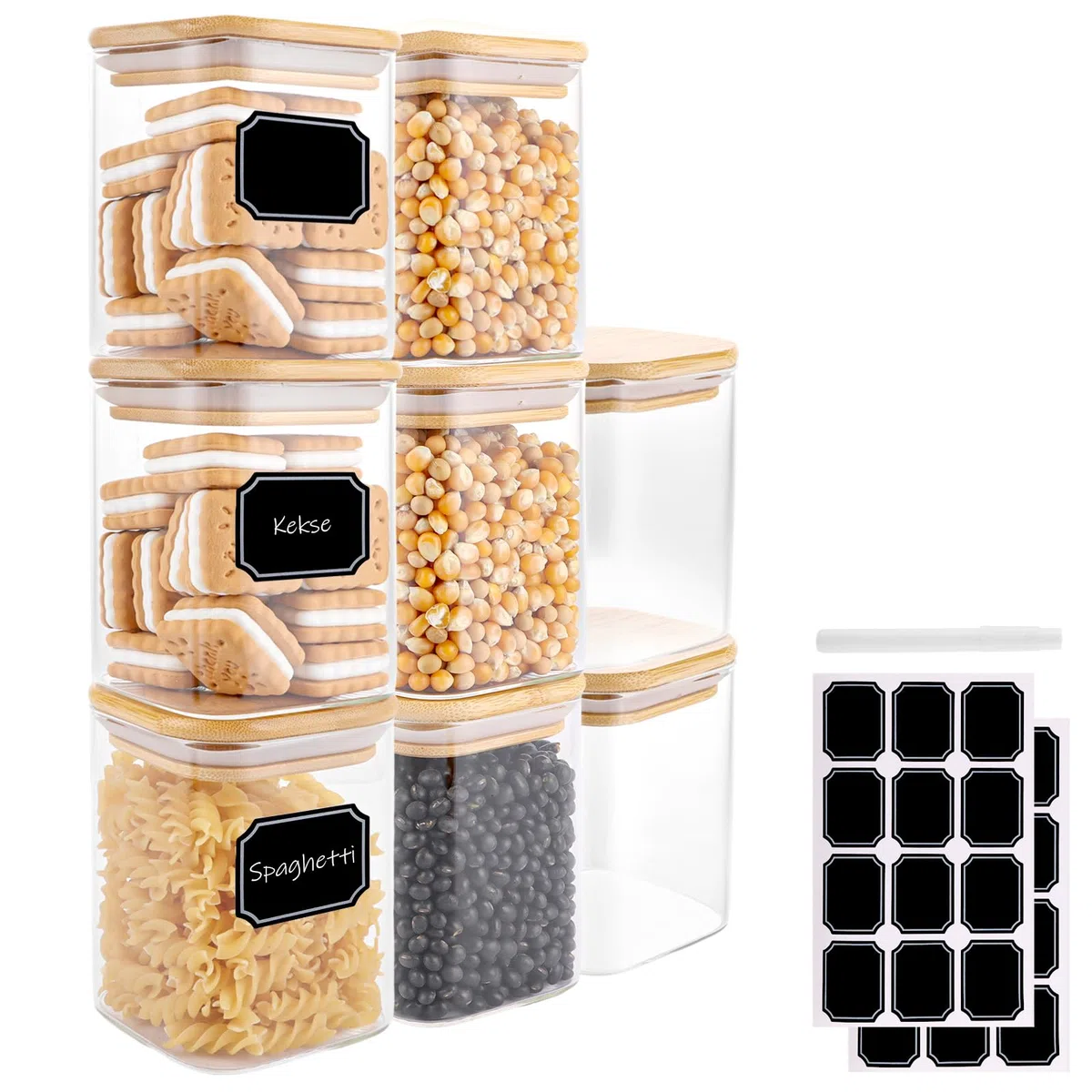 YAYODS 8 tarros de cristal rectangulares con etiquetas, 0,5 L, herméticos, pequeños, con tapa de madera, para granos de café, espaguetis, harina, azúcar (sin BPA)