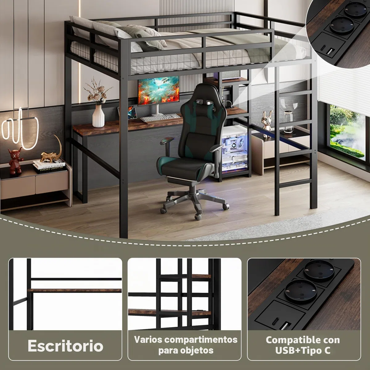 Dolamaní Cama alta para adultos, 140 x 200 cm, marco de cama de metal con enchufe, cama de metal con USB Type-C y varios estantes, capacidad de carga de 150 kg (negro)