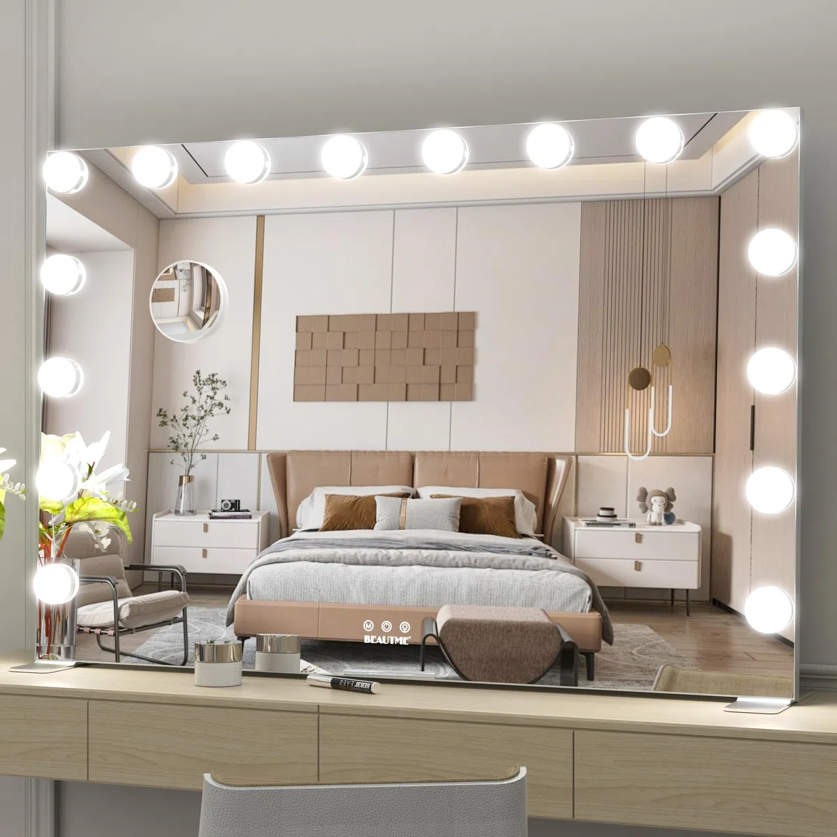 Espejo de tocador Grande con Luces, 91 x 61 cm, Espejo Iluminado Hollywood con Luce para Maquillaje, Luces Regulables con 3 ajustes de luz de Color, Plateado