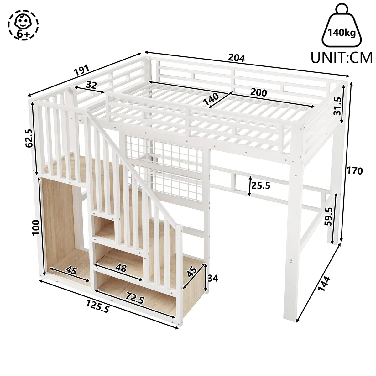 Azkoeesy Cama alta de metal con escalera de seguridad, barra para colgar, luces LED controlable mediante aplicación, panel de rejilla, ahorro de espacio, adolescentes y adultos (blanco, 140 x 200)