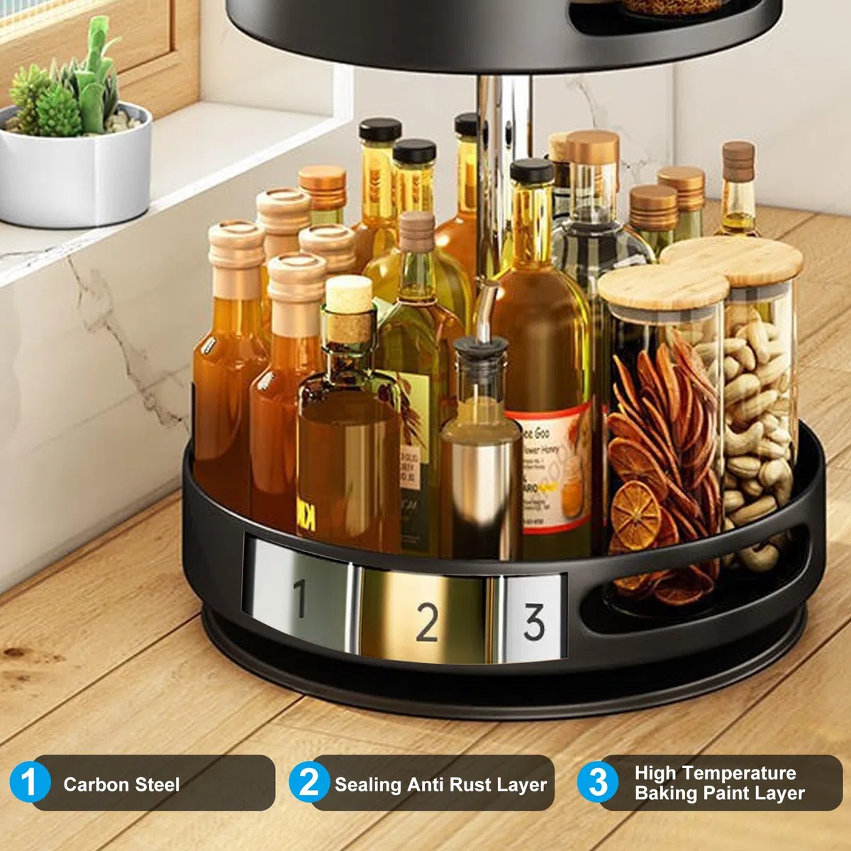 Lazy Susan Organizador de 2/3 niveles, estante giratorio de 360 °, soporte giratorio de acero al carbono, soporte para especias, altura ajustable, estante de pie para cocina, mesa, encimera, armario