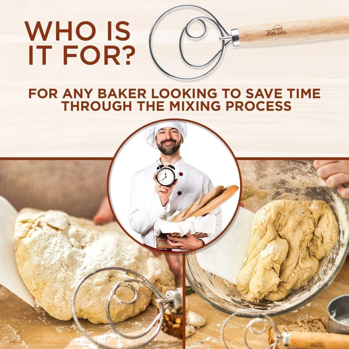 Bread Bosses Batidora de Pan para Masa danesa - Gancho para Hacer Masa de Pizza Holandesa Batidora de Pan Ganchos para batir Accesorios Wisks