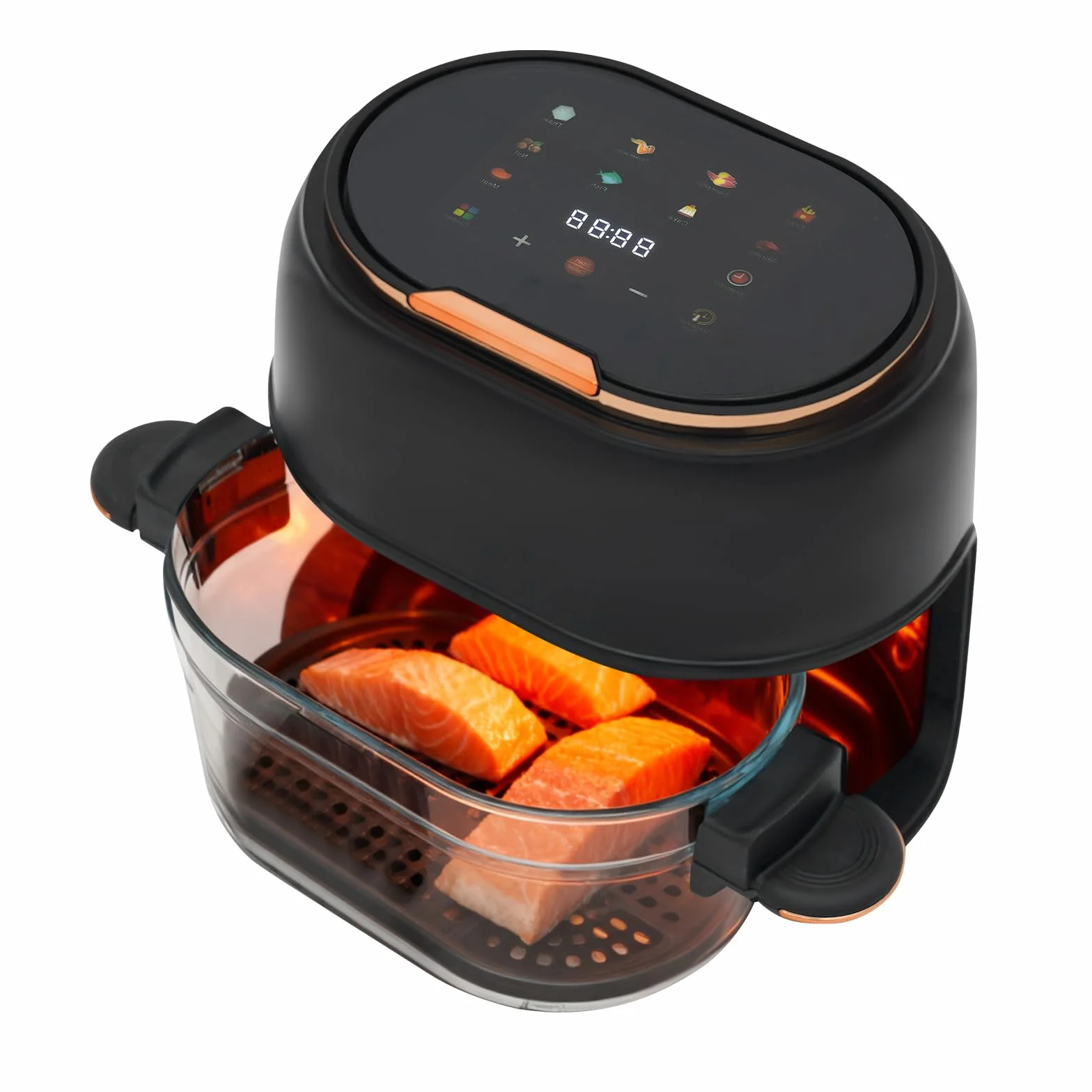 Freidora de aire caliente de 4 L con pantalla táctil y cesta de cristal visible, 1350 W, 220-240 V, 140-374 F, temporizador de 24 horas, freidora de aire caliente multifuncional para familia, patatas