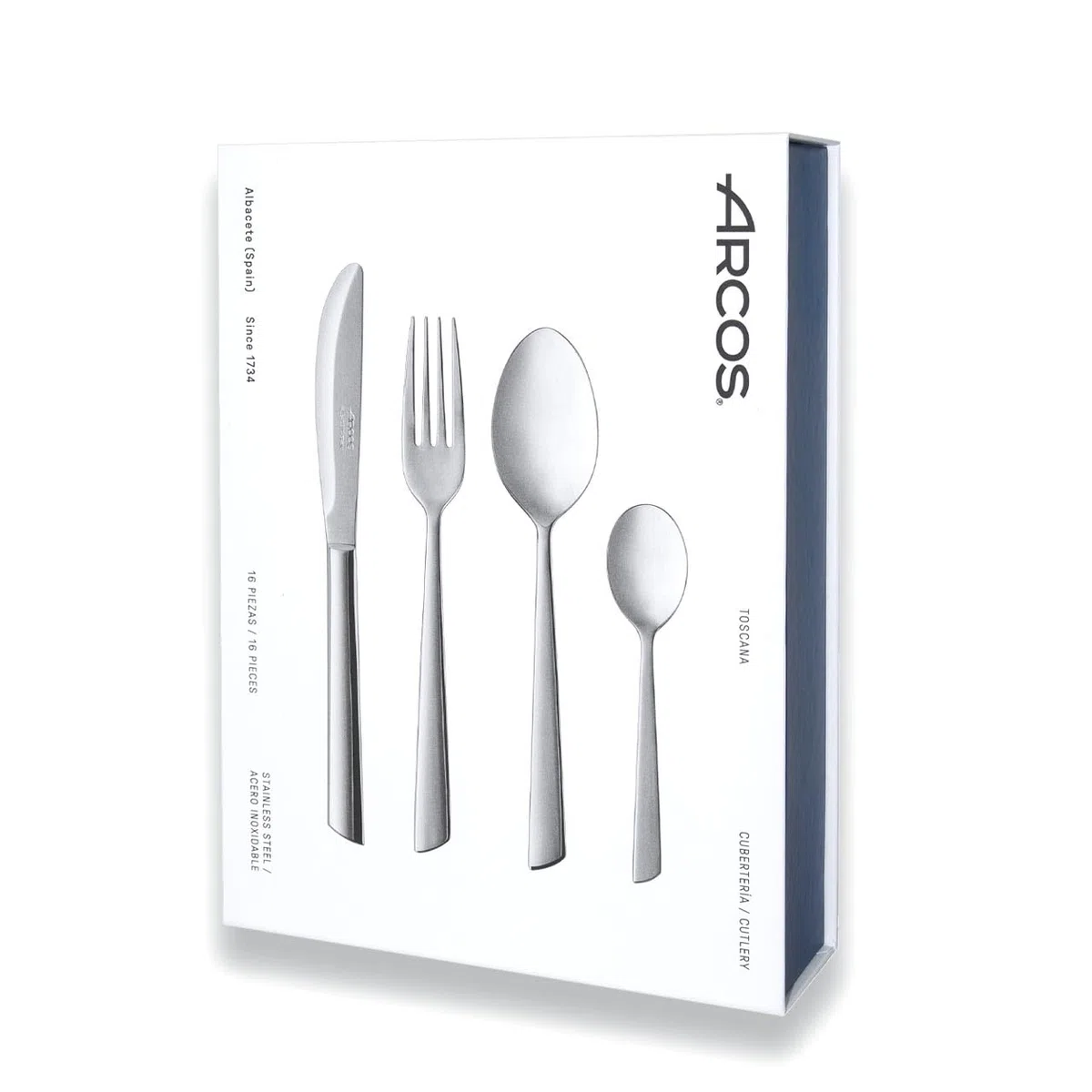 ARCOS Juego de Cubiertos de 16 Piezas para Mesa. Cuberterí­a Completa para 4 Personas. Set de 4 Cucharas, 4 Cuchillos, 4 Tenedores y 4 Cucharas de Postre. Serie Toscana. Color Plata